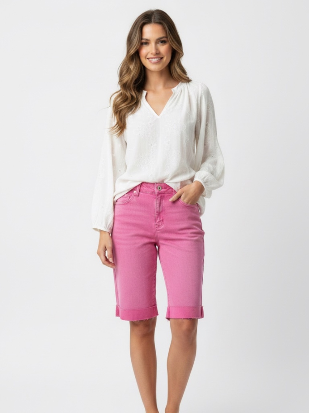 Zenana Fuchsia Pink Acid Wash Bermuda Denim Shorts - NWOT.